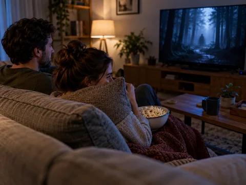 Popcorn and a knitted blanket in a candlelit room, ready for a spooky movie