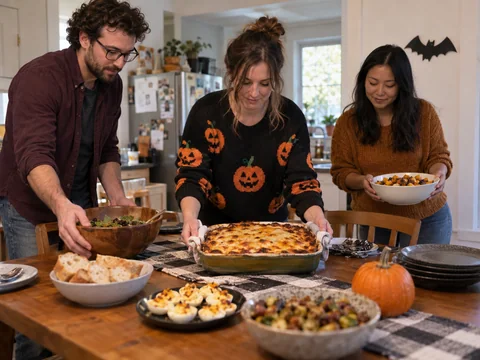 A Halloween potluck table with homemade food and a pumpkin centerpiece