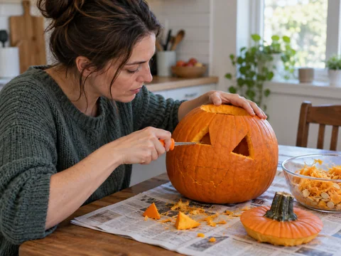 A glowing carved pumpkin beside carving tools